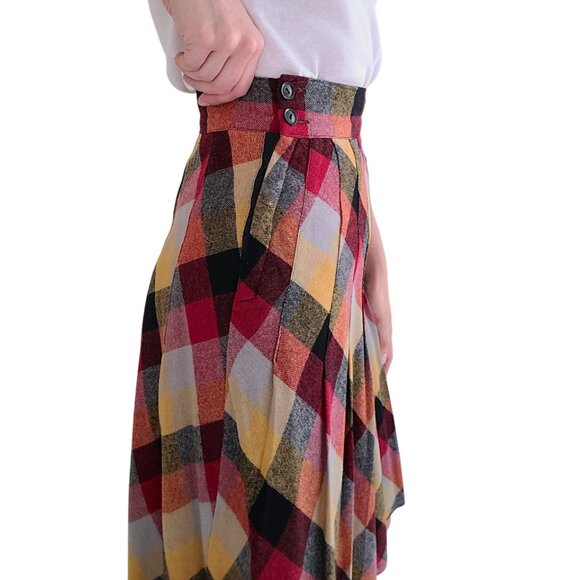 60/70s Autumn A-Line Vintage Plaid Check Side-Button Pleated Skirt XS 24" waist - Picture 3 of 11
